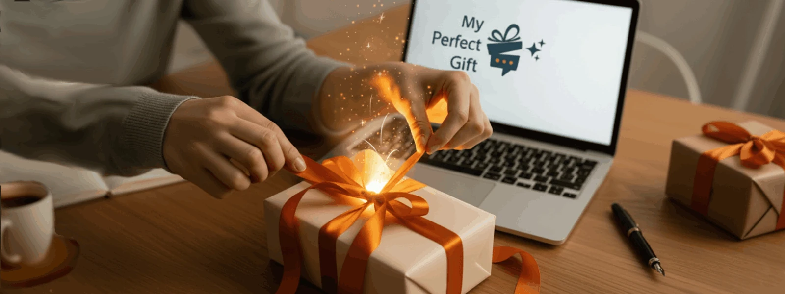 Hands unwrapping a gift with magical light, a laptop in the background showing the My Perfect Gift logo. Symbolizes the discovery of the idea and the magic of the perfect gift.