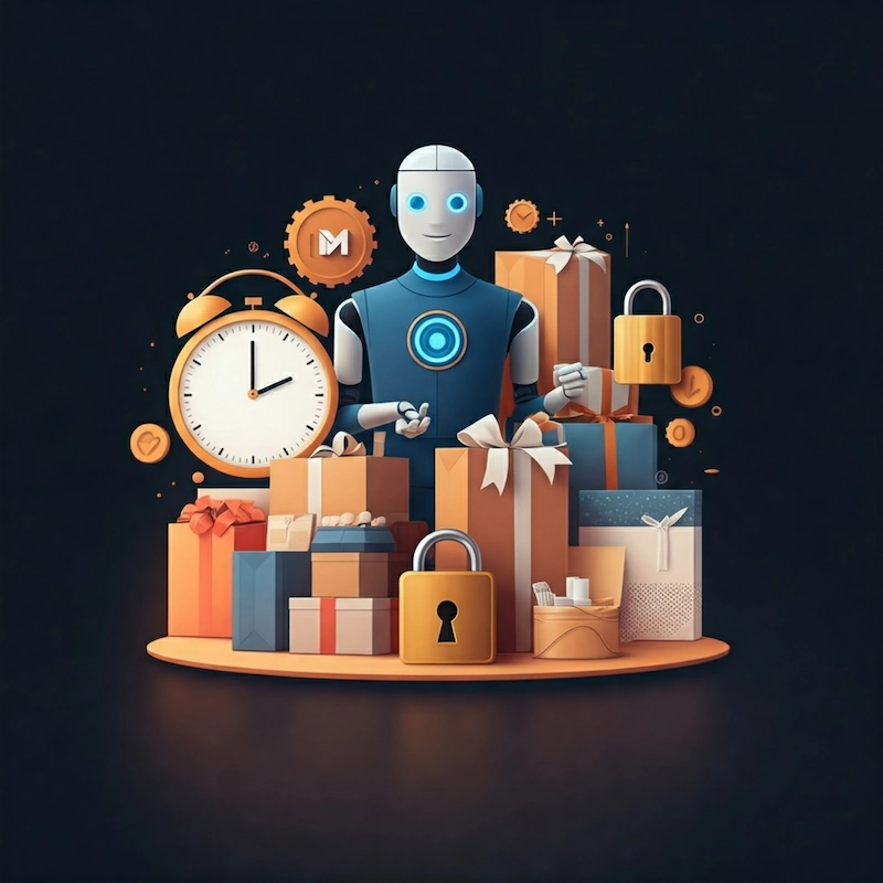 Illustration representing the strengths of My Perfect Gift: Freddie, the wide selection of products, originality, convenience, saving time, security, and zero stress.