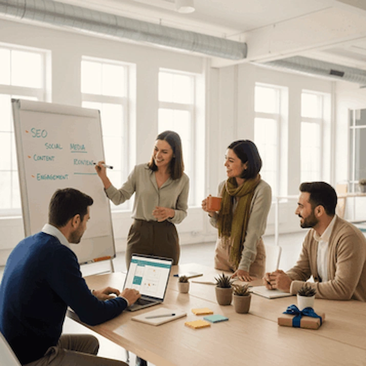 My Perfect Gift team working on marketing, design, and content in a modern office.