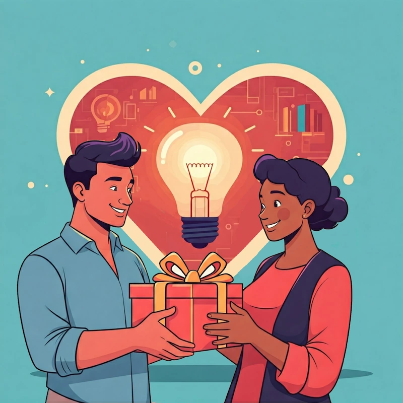 Illustration representing the values and goals of My Perfect Gift: passion, innovation, happiness, and satisfaction.