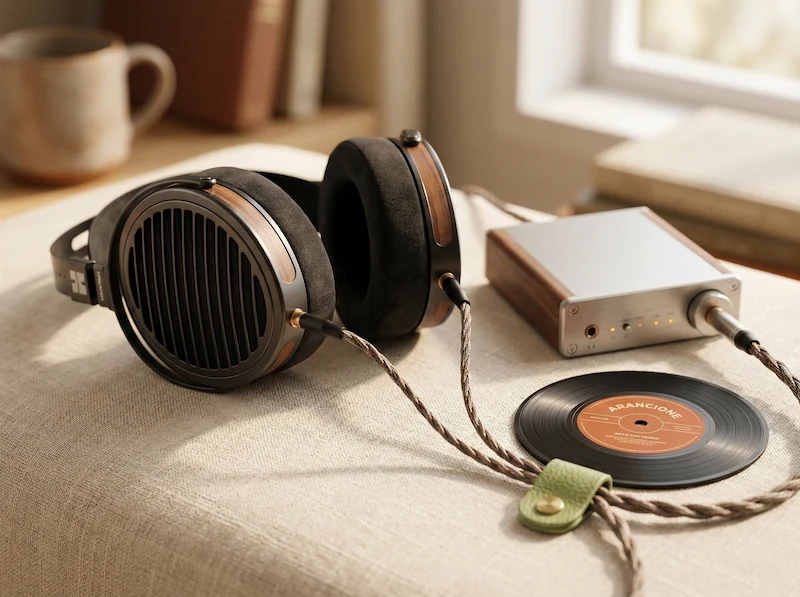 Audiophile over-ear headphones and a portable high-fidelity amplifier resting on light fabric.