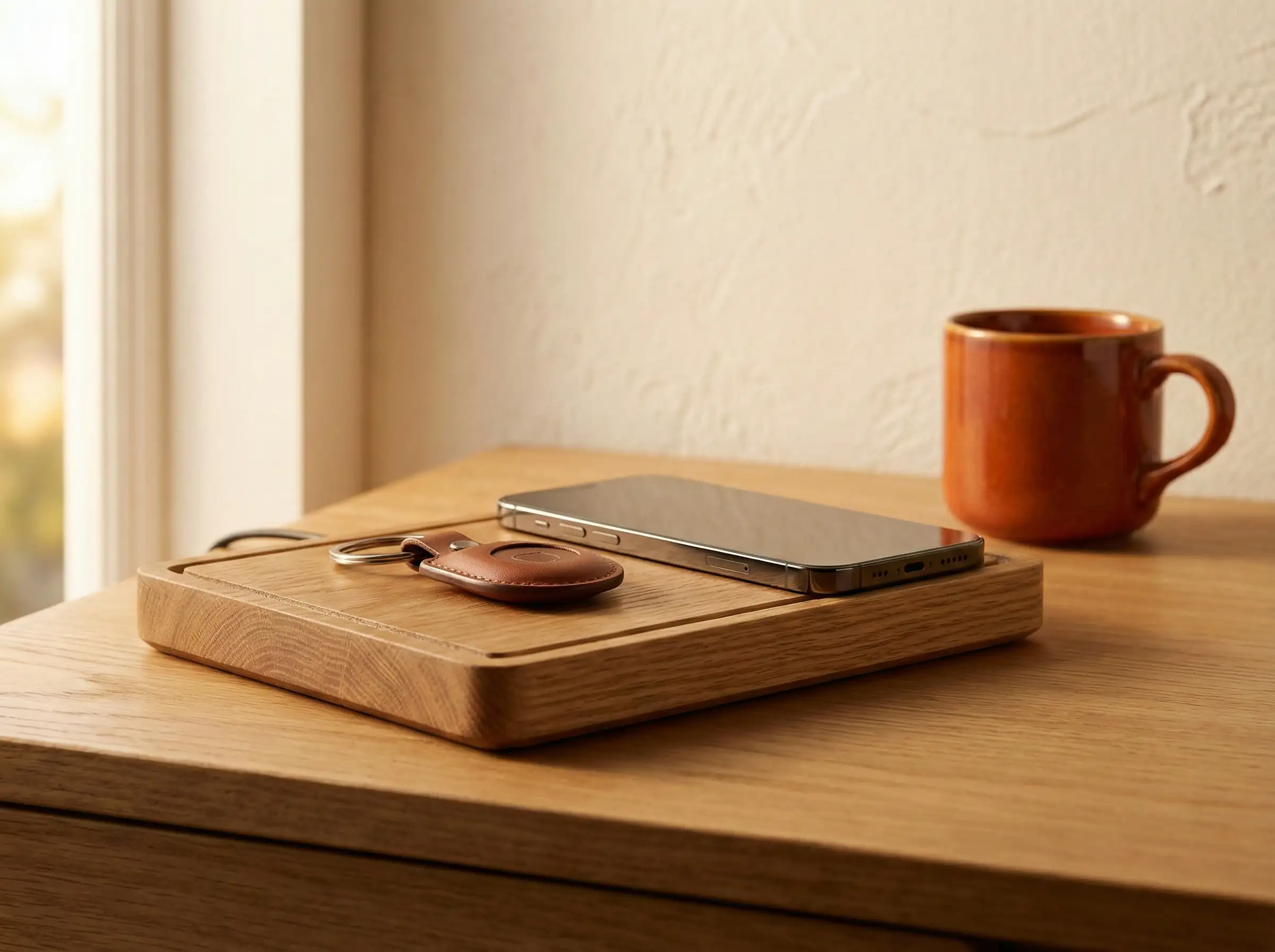 Elegante stazione di ricarica wireless in legno con smartphone e localizzatore in pelle sulla scrivania.