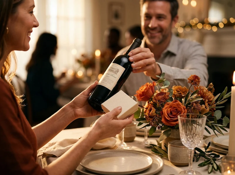 Un ospite consegna una bottiglia di vino e dei cioccolatini artigianali ai padroni di casa durante una cena elegante.