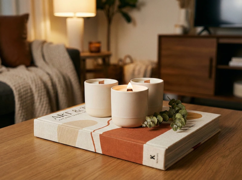 Coffee table book and artisan candles carefully arranged on a living room coffee table.