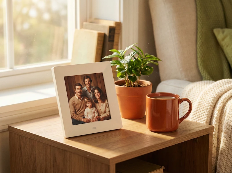 Designer digital frame and indoor plant on a small table, perfect as gift ideas for parents.