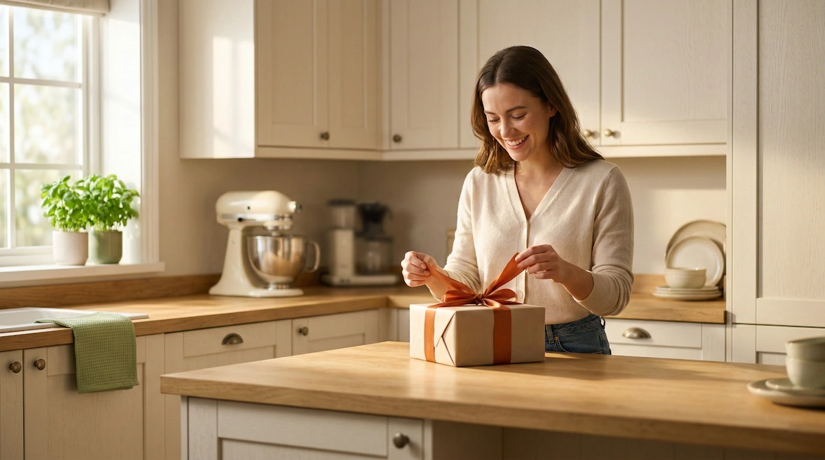 Una persona sorridente che scarta un regalo elegante in una cucina moderna e luminosa.