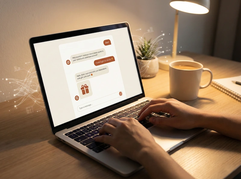 Detail of hands on the keyboard while artificial intelligence processes the gift recipient's profile.