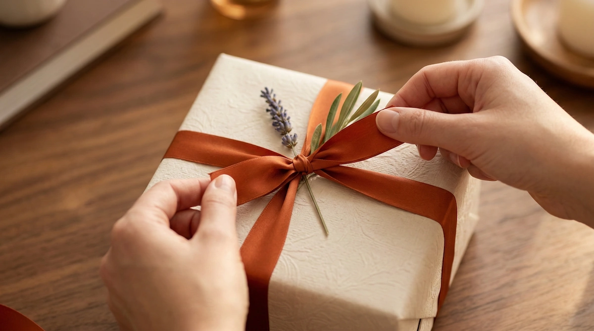 Mani che legano con cura un nastro di seta arancione attorno a un pacchetto regalo elegante in carta crema.