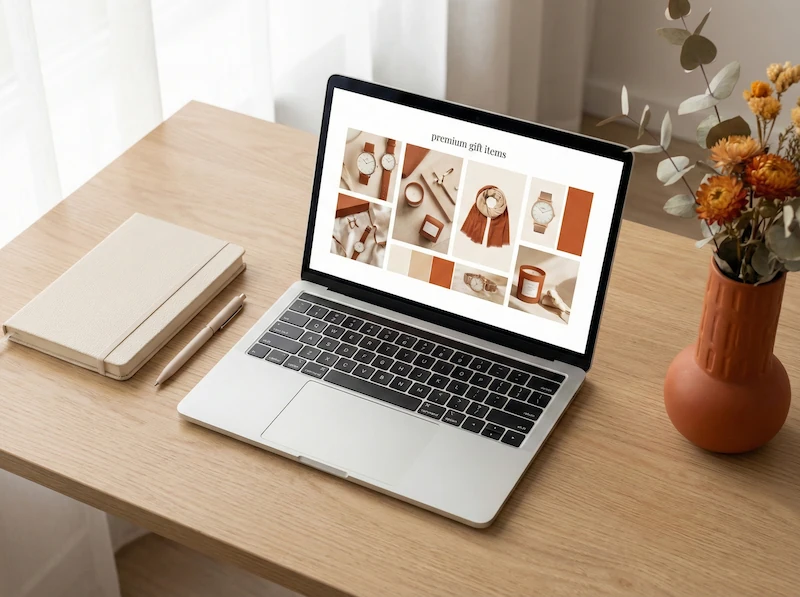 A tidy desk with a laptop displaying a mood board of inspirations and elegant gift ideas.