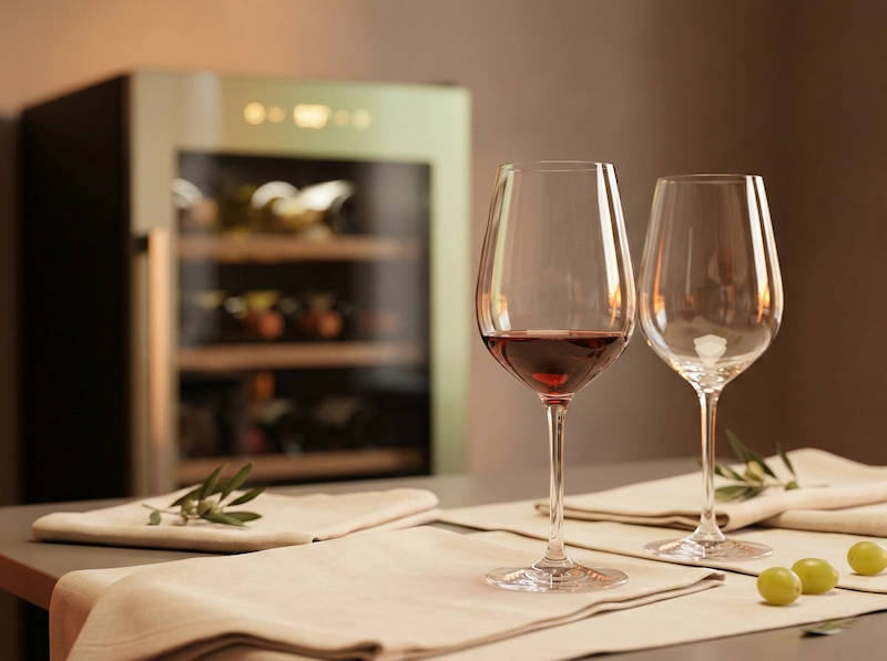Set da degustazione vino elegante con calici di cristallo e cantinetta intelligente sullo sfondo.