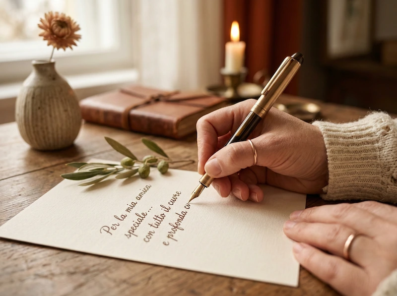 Dettaglio di una persona che scrive a mano un pensiero sincero su un biglietto di auguri elegante.
