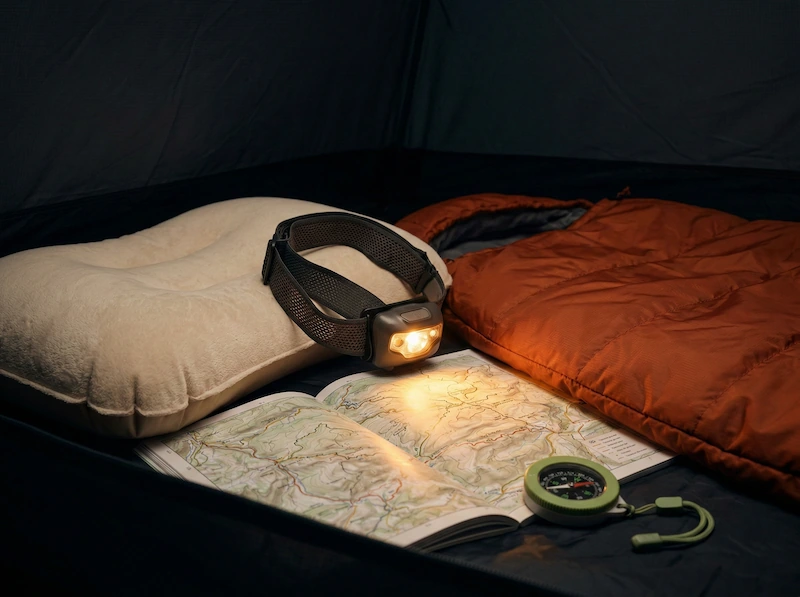 Interno di una tenda di notte illuminato dalla luce calda di una lampada frontale, con un cuscino da campeggio gonfiabile.