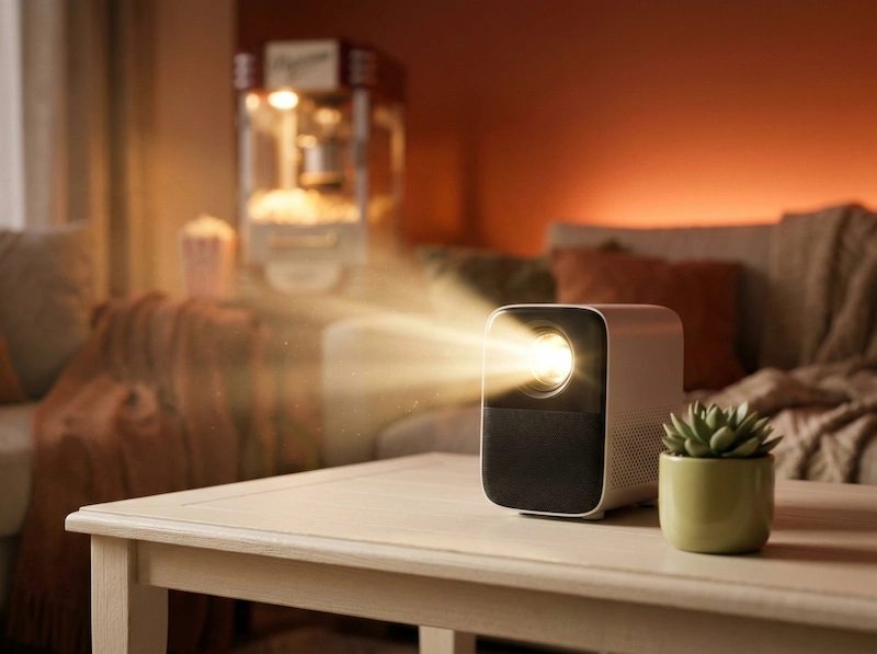 Smart mini projector on a side table in a cozy living room set up for a movie night.