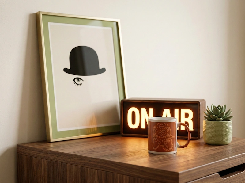 Bright movie studio lamp and minimalist poster on a wooden desk.