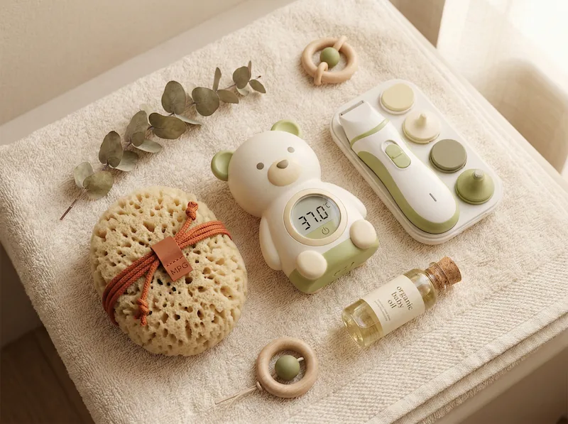 Kit per l'igiene del neonato con termometro digitale per il bagnetto e spugna naturale.