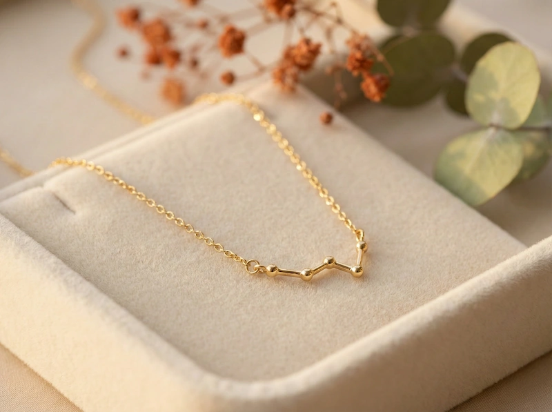 Dettaglio elegante di una collana d'oro con ciondolo a costellazione appoggiata su un vassoio di velluto.
