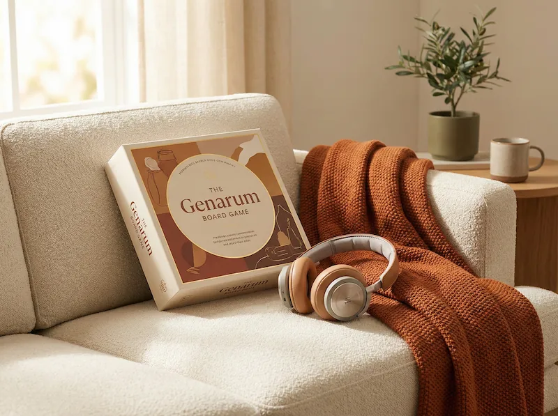 Modern board games and hi-tech headphones resting on a couch, great gift ideas for friends.