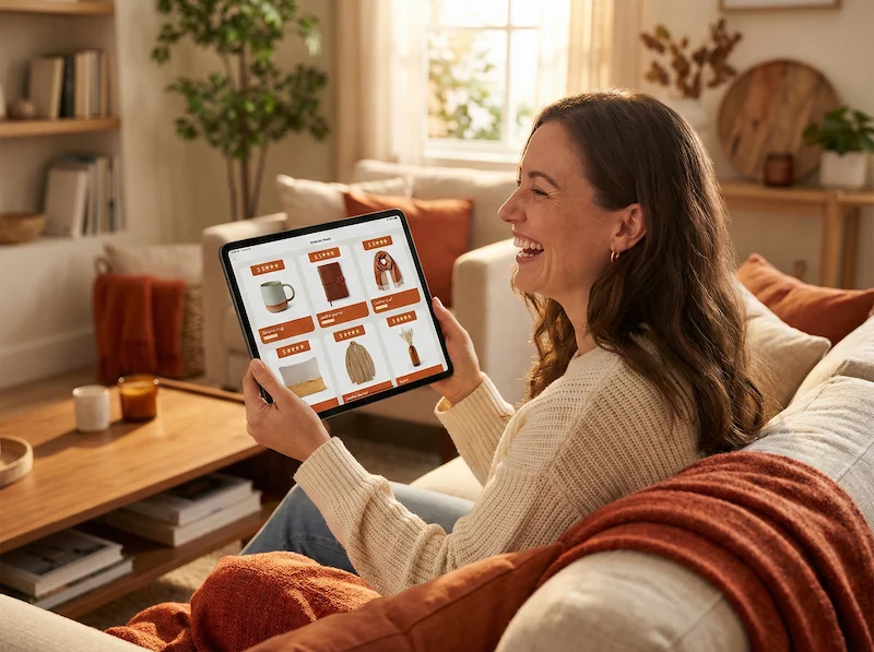 User happily viewing the list of compatible gifts suggested by Freddie on a tablet.