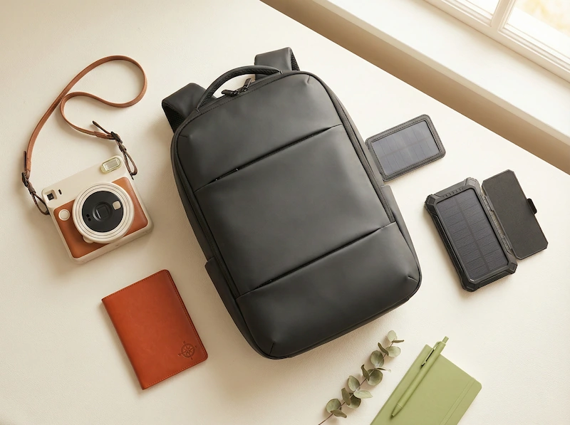 Zaino tech antifurto, fotocamera istantanea e accessori per l'avventura di viaggio post-laurea.