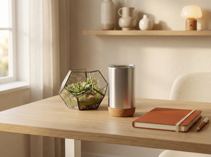 Tidy desk with a designer thermal mug and a small glass terrarium for a colleague.