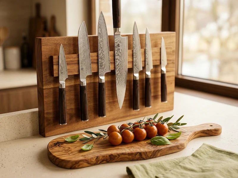 Set di coltelli professionali giapponesi su ceppo magnetico e tagliere artigianale in legno di ulivo.