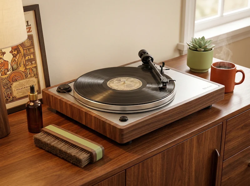 Retro-design record player with a vinyl record playing and a professional cleaning kit.