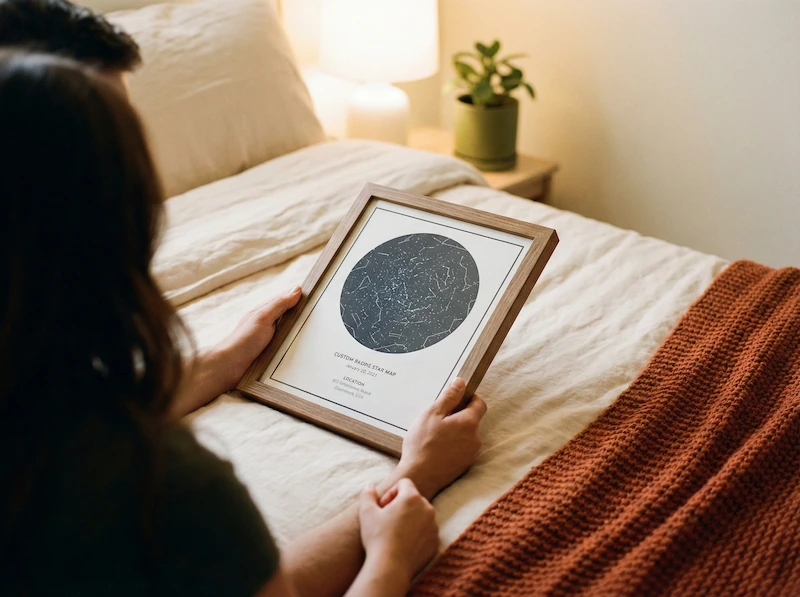 Le mani di una coppia che stringono una mappa stellare personalizzata incorniciata.