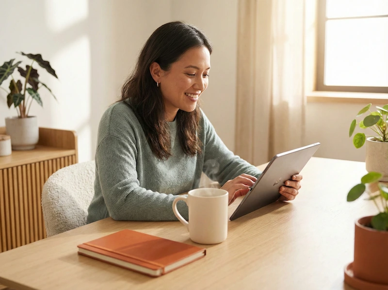 A relaxed and smiling person easily choosing a gift from a tablet thanks to a wishlist.