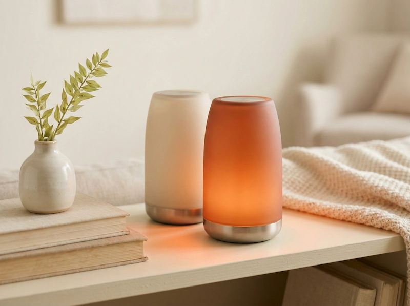 Lampade di coppia dal design moderno che si illuminano per simboleggiare il legame e la connessione.