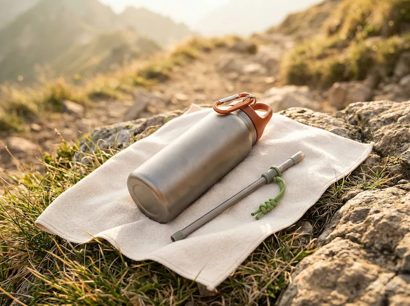 Borraccia termica in titanio e cannuccia filtrante per l'acqua appoggiate su una roccia durante una pausa trekking.