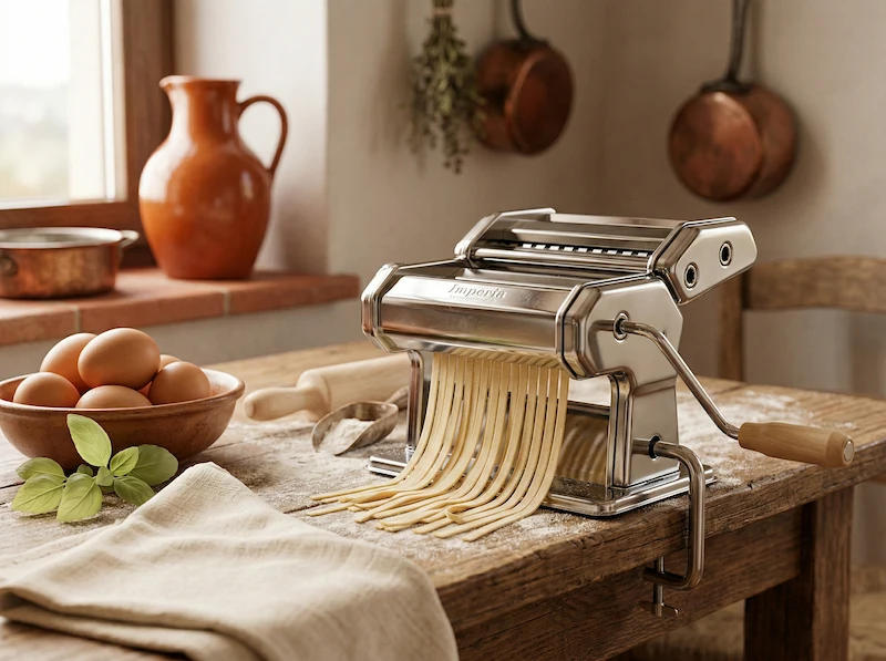 Macchina per la pasta fresca in acciaio cromato su un tavolo rustico di legno infarinato.