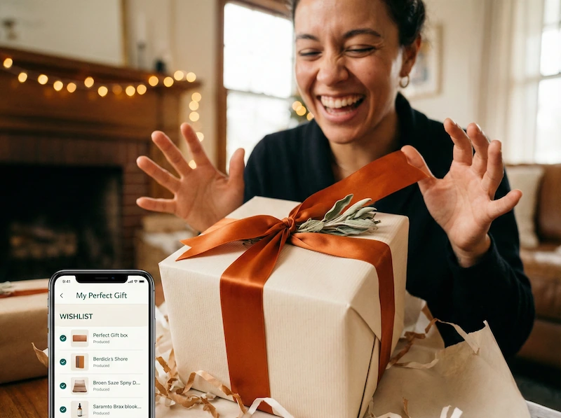 A person happily opens a gift received thanks to sharing their Wishlist.