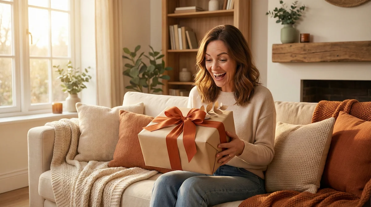 Una persona sorride felice stringendo un pacchetto regalo, avendo ricevuto esattamente ciò che desiderava.