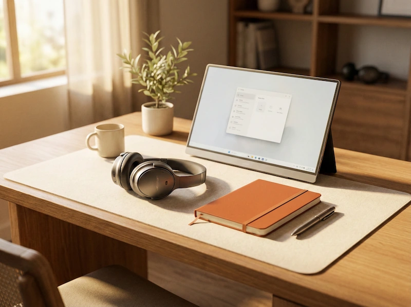 Scrivania moderna con monitor portatile, cuffie hi-tech e smart notebook per il neolaureato.