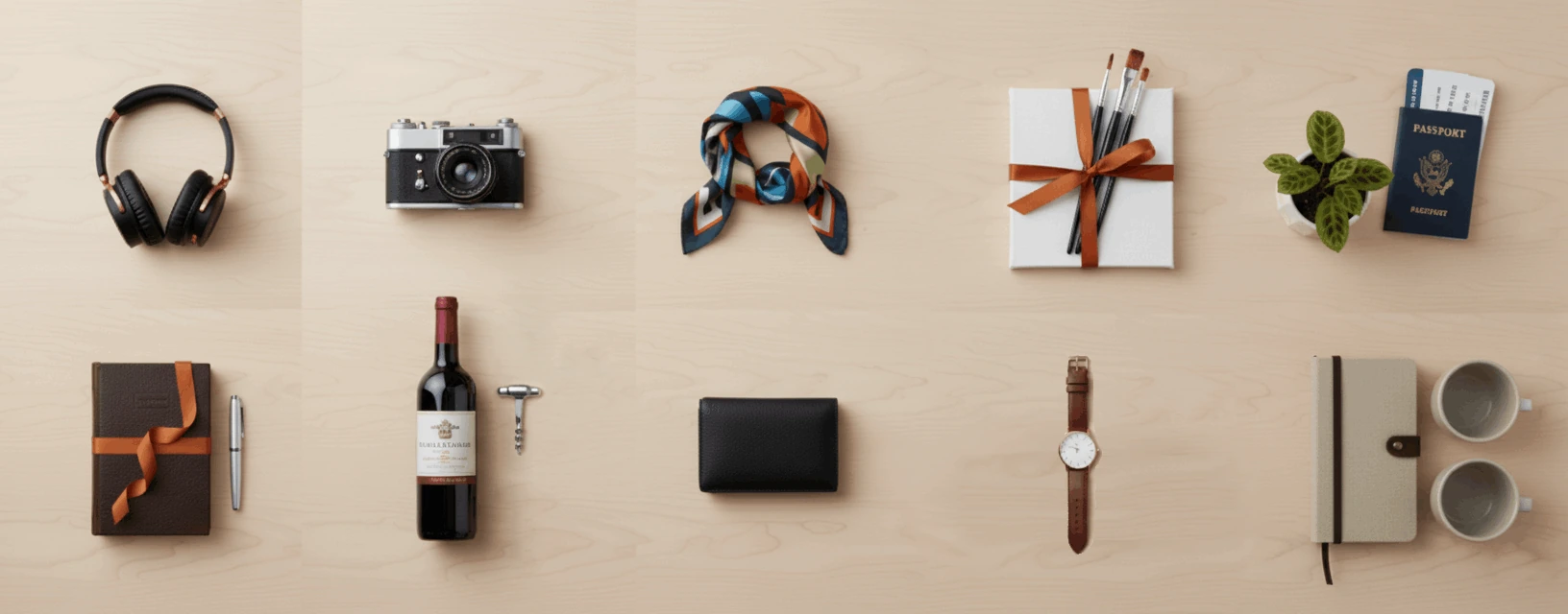Panoramic image of a flat lay on light wood showing a selection of unique gift ideas organized in a grid by category, including technology, fashion, travel and gastronomy.