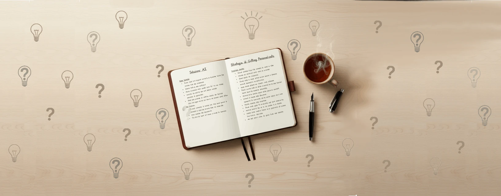 Taccuino aperto con appunti che simboleggiano le risposte alle FAQ, su una scrivania con una tazza di tè e una penna. Rappresenta la pagina delle domande frequenti.