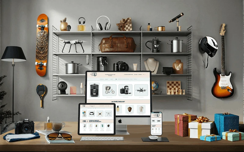 Schermata di un sito web di e-commerce visualizzata su diversi dispositivi: computer desktop, tablet e smartphone. I dispositivi sono posizionati su una scrivania con vari prodotti e oggetti decorativi.