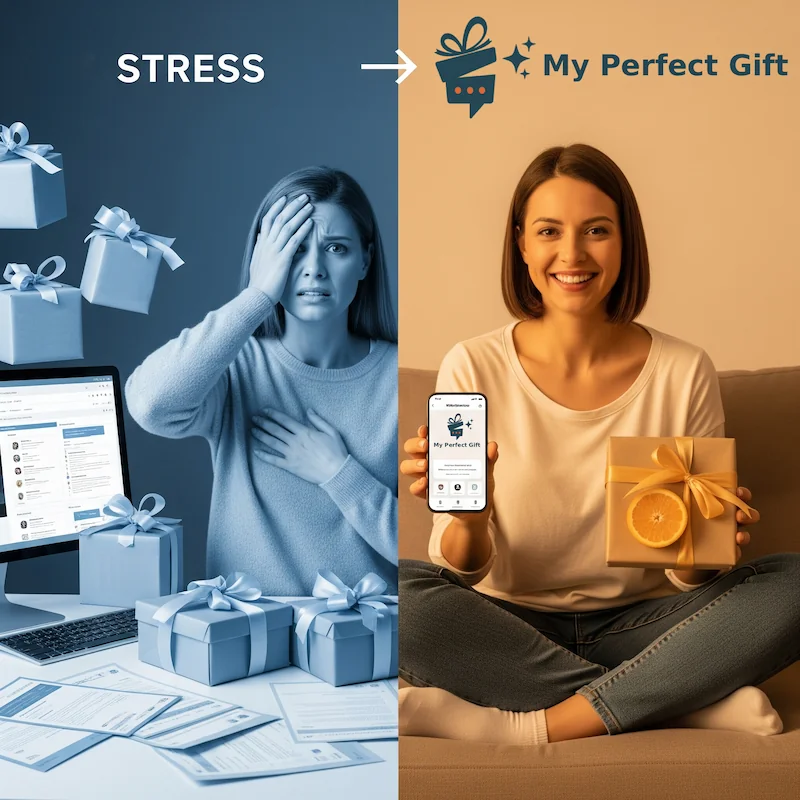 Immagine divisa che mostra una persona stressata a sinistra e la stessa persona felice con un regalo/smartphone a destra, simboleggiando la trasformazione della ricerca regali grazie a My Perfect Gift.