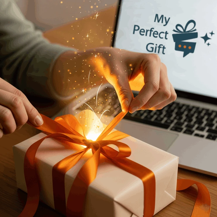 Mani aprono un pacchetto regalo luminoso con effetti magici, mentre un laptop sfocato mostra il logo My Perfect Gift, simboleggiando la facilità di trovare il Regalo Perfetto online.