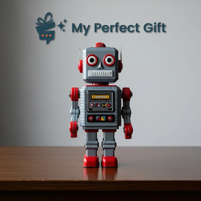 Simpatico robot giocattolo in stile vintage circondato da altri giochi.