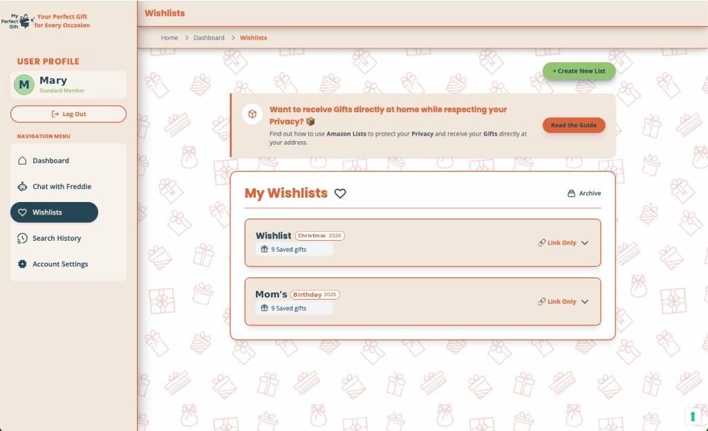 Interfaccia della pagina Crea una nuova Lista dei Desideri sul sito My Perfect Gift.