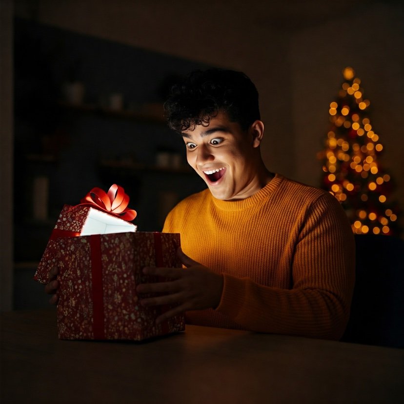 Persona felice che apre un regalo desiderato, simbolo della gioia di ricevere regali scelti con cura.