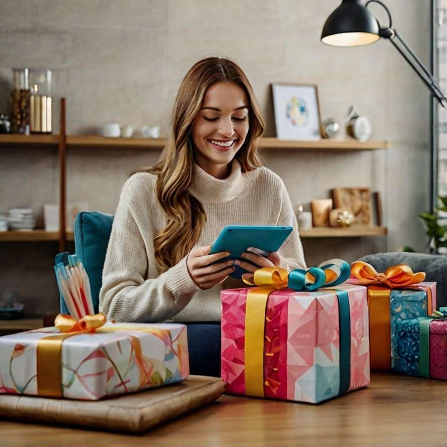 Giovane donna sorridente seduta in un soggiorno moderno, con una tavoletta in mano e diverse scatole regalo colorate in primo piano.