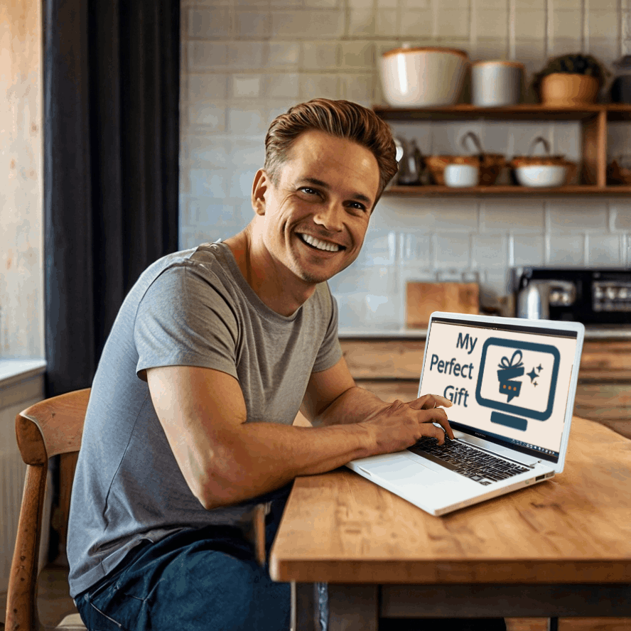 Uomo sorridente seduto al computer in una cucina, con lo schermo del laptop che mostra il logo di "My Perfect Gift"