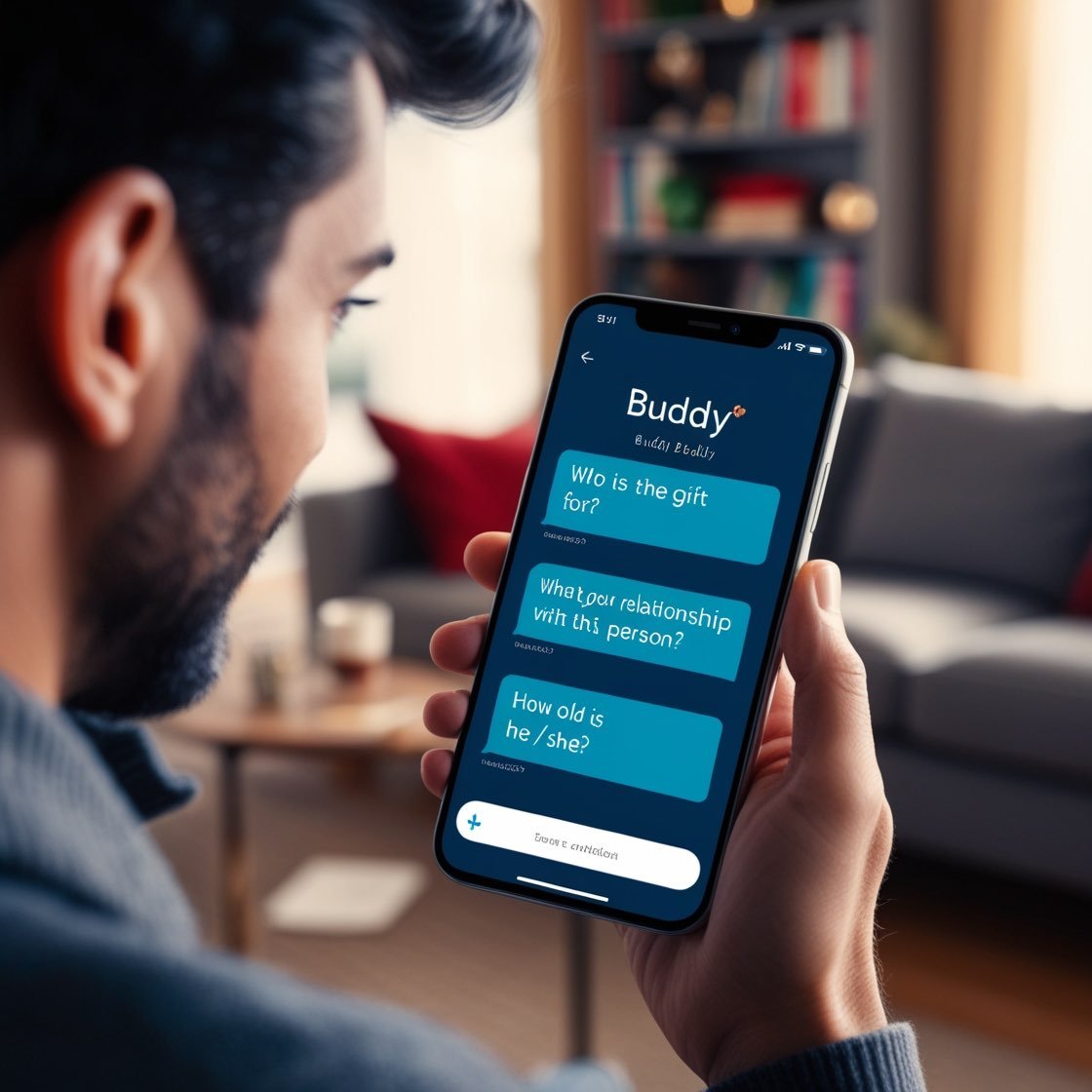 Persona che interagisce con il chatbot Buddy su uno smartphone, rispondendo a domande sul destinatario del regalo.