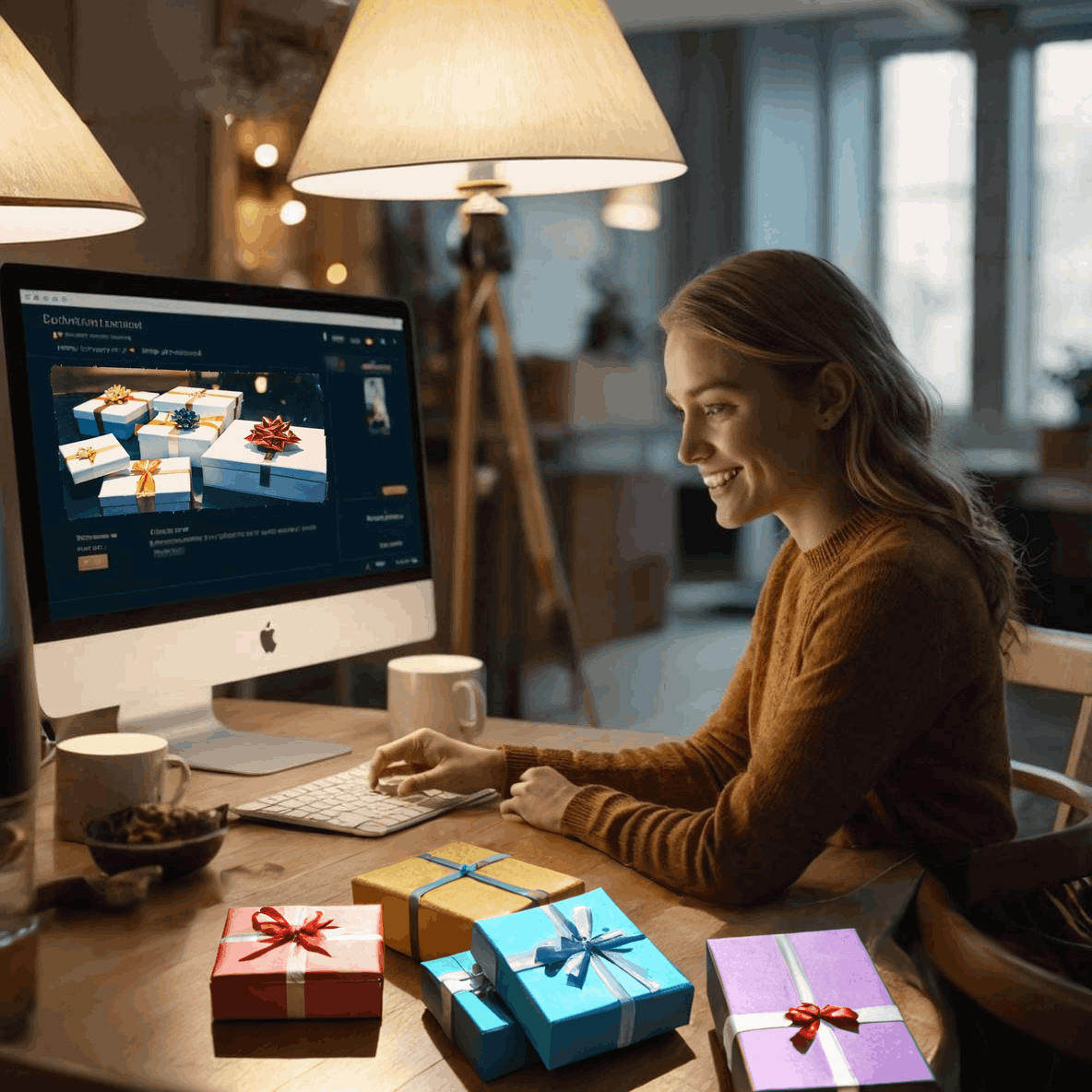 Donna sorridente che sceglie un regalo online tramite un sito web di e-commerce, con scatole regalo colorate in primo piano.