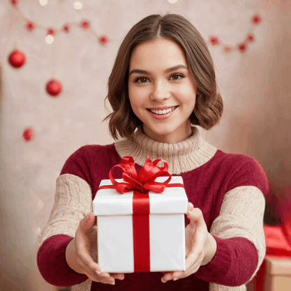 Donna sorridente che porge un regalo incartato, con uno sfondo festoso e luci colorate.