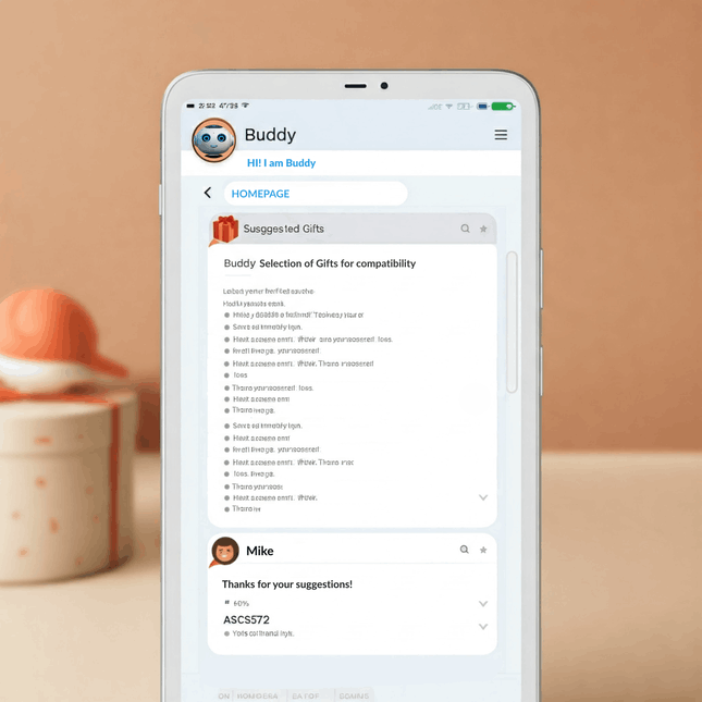 Screenshot della chat di Buddy con una lista di regali suggeriti, ordinati per compatibilità.