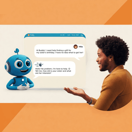 Persona che chatta con Buddy, l'assistente virtuale di My Perfect Gift, in modo divertente e interattivo.