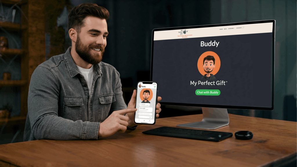 Un uomo sorridente utilizza il suo smartphone e il suo computer per chattare con Buddy, l'Assistente Virtuale di My Perfect Gift, per trovare il Regalo Perfetto.